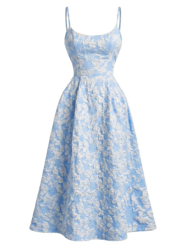 Robe midi rose fines bretelles floral années 1950