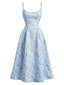 Robe midi bleu fines bretelles floral années 1950
