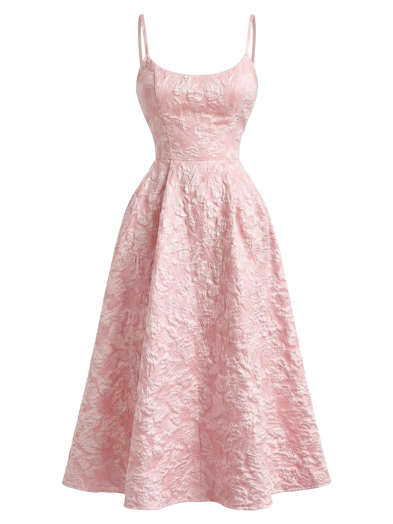 Robe midi rose fines bretelles floral années 1950