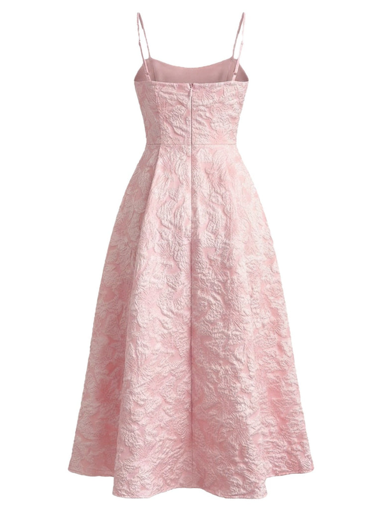 Robe midi rose fines bretelles floral années 1950
