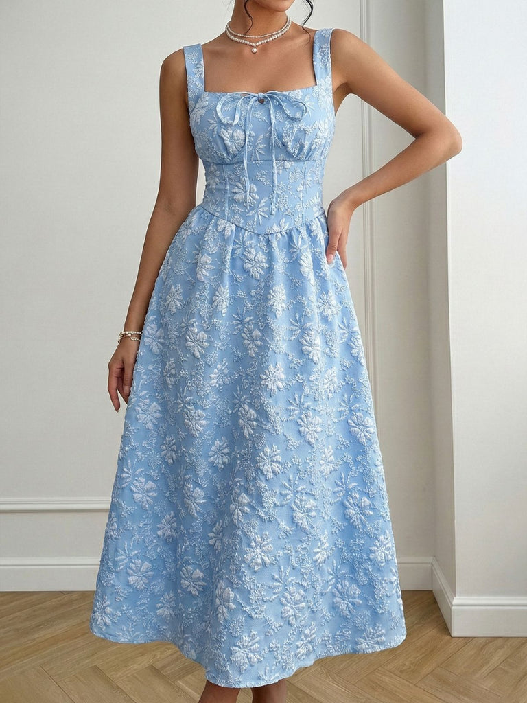 Robe Bleue Col Carré Taille Empire en Jacquard Froncé Années '40 2