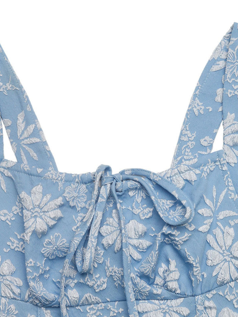 Robe Bleue Col Carré Taille Empire en Jacquard Froncé Années '40 5