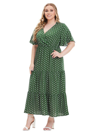[Grande Taille] à Pois Col V Manches Courtes Robe Longue Années 1940 2