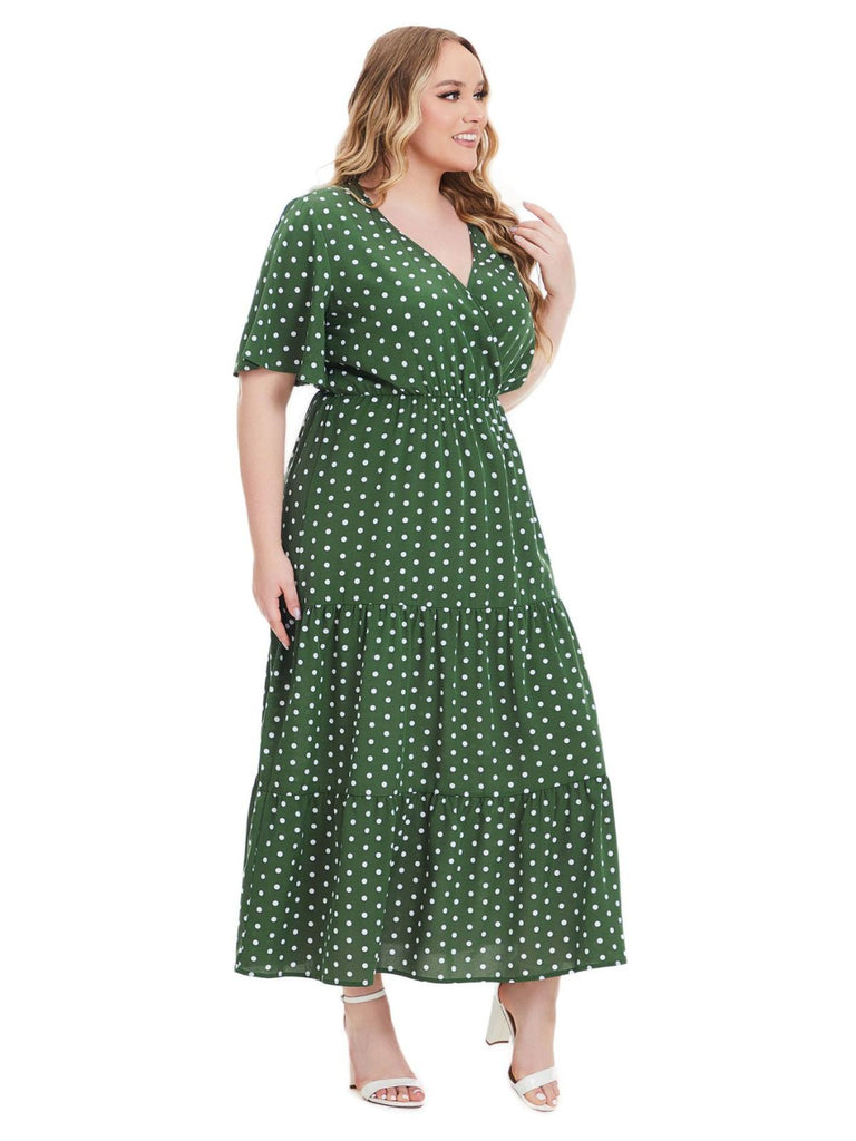 [Grande Taille] à Pois Col V Manches Courtes Robe Longue Années 1940 4