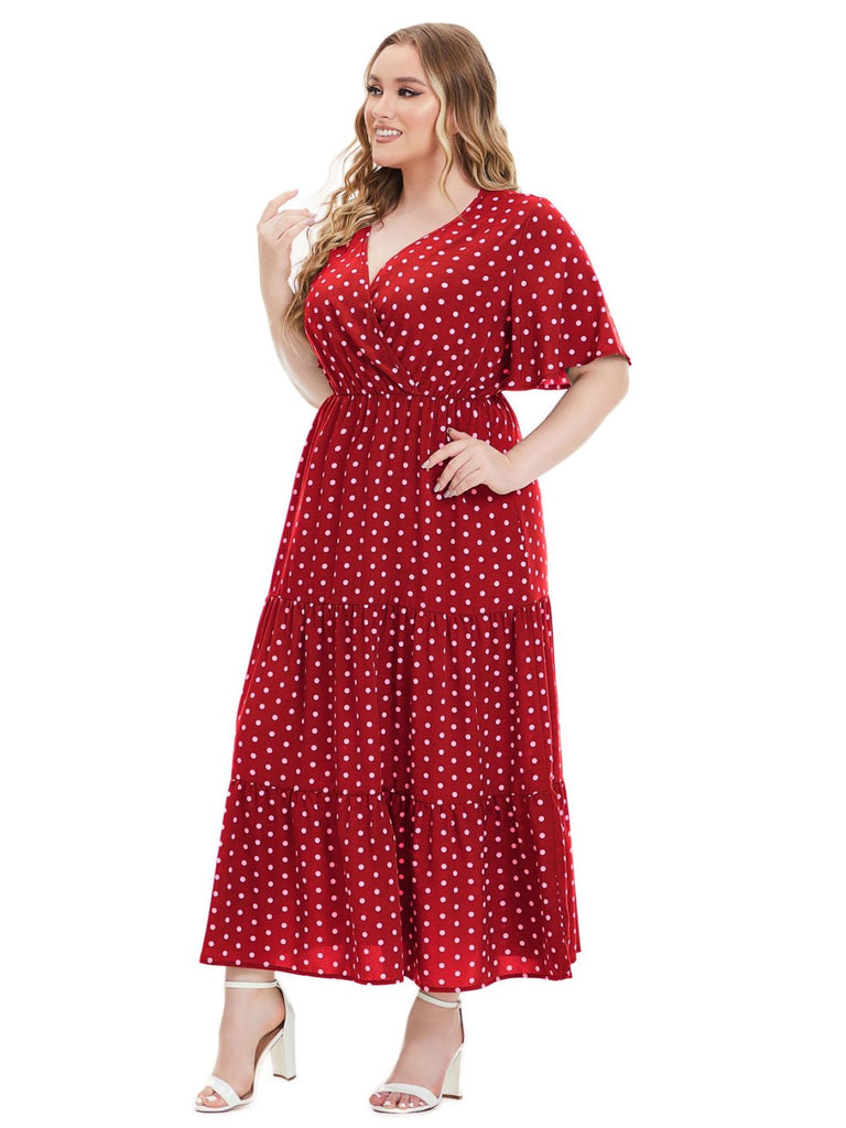 [Grande Taille] à Pois Col V Manches Courtes Robe Longue Années 1940 6