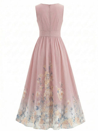 Robe Midi Sans Manches Col V à Fleurs Années '40 6