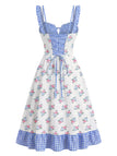 [Prévente] Robe bleue à carreaux vichy et motifs floraux années 1950