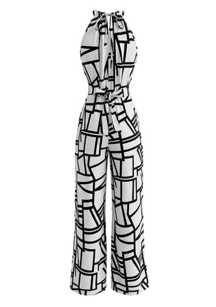 Combinaison Halter à Lignes Géométriques Abstraites Blanc Années 1970