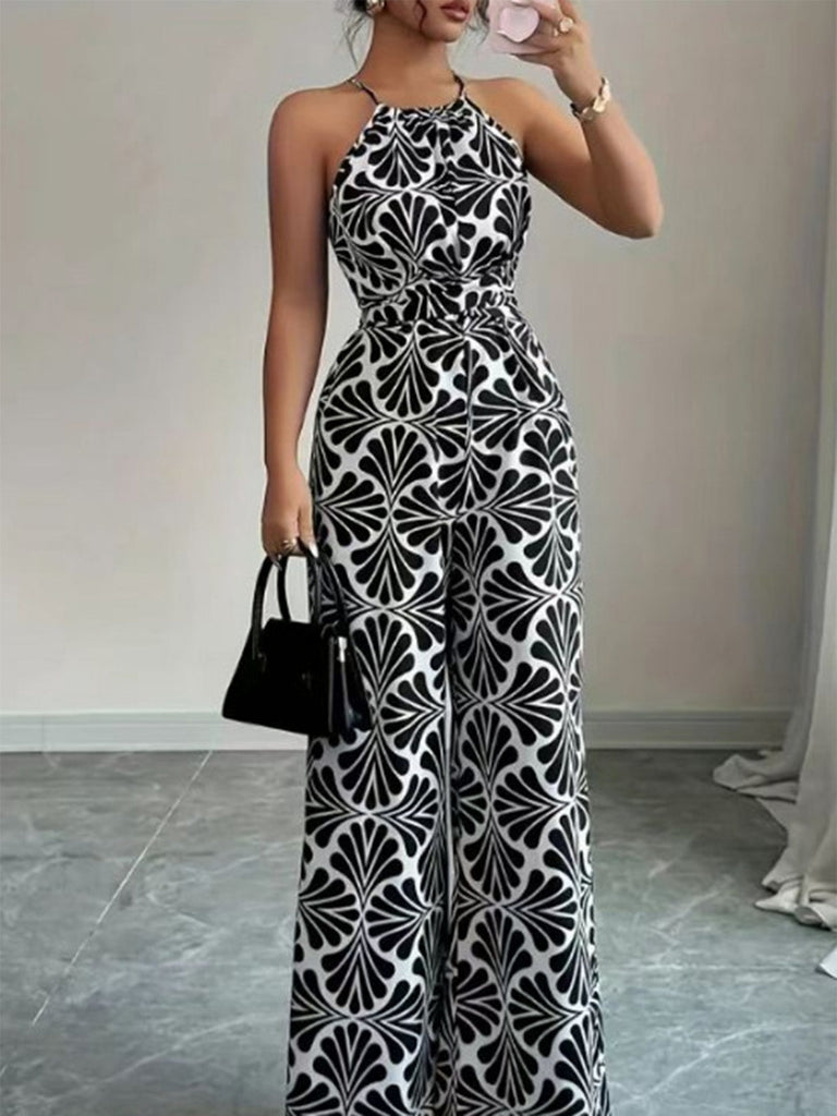 Noir Halter Abstrait Imprimé Ceinturé Combinaison Années 1930 5