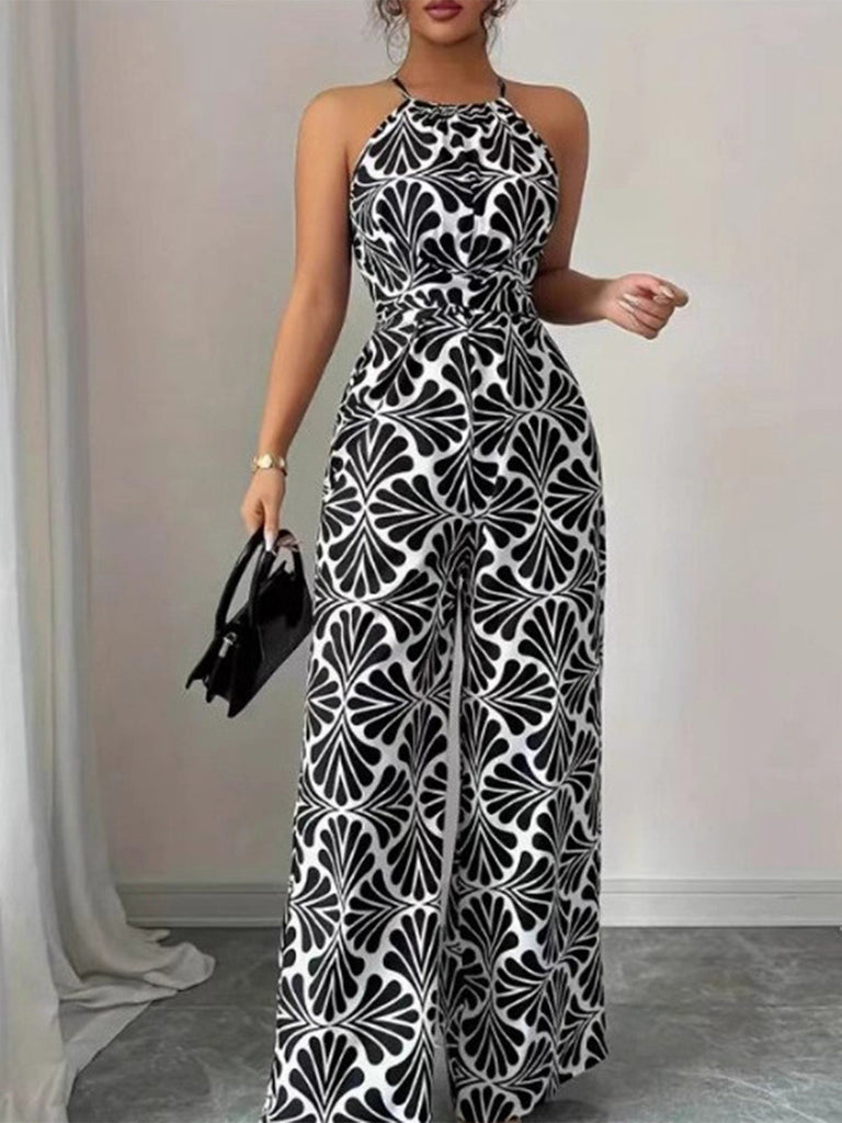 Noir Halter Abstrait Imprimé Ceinturé Combinaison Années 1930 6