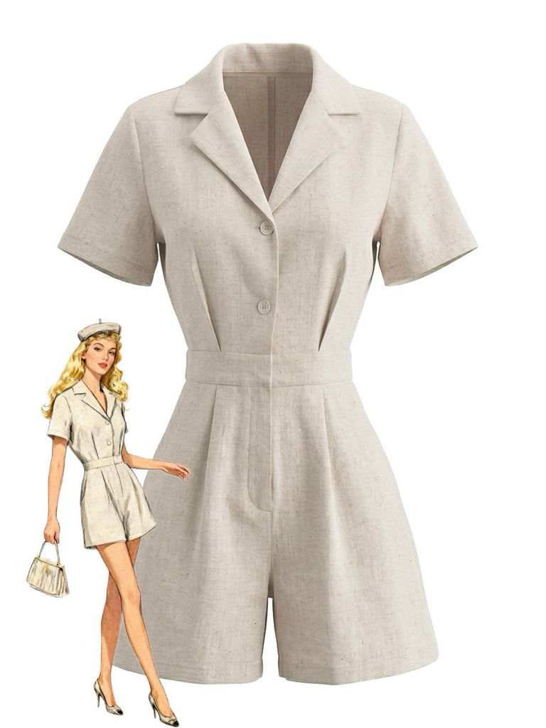 Combishort Uni à Revers avec Poches Beige années 50
