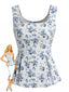 Tops Bleu Imprimé Fleurs Col Carré Années 1950