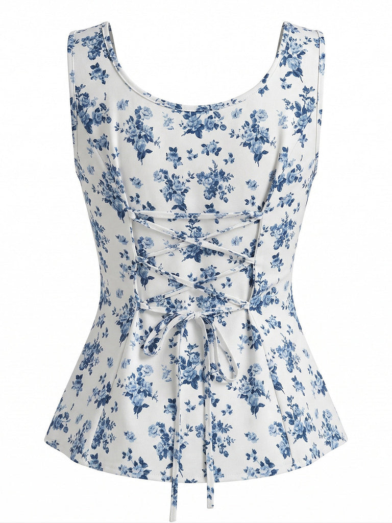 Tops Bleu Floral Imprimé Col Carré Sans Manches PéPrune Années 1950 3