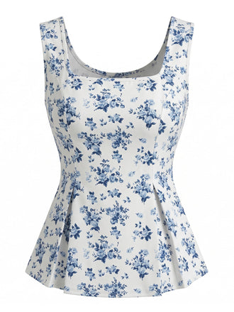 Tops Bleu Floral Imprimé Col Carré Sans Manches PéPrune Années 1950 2