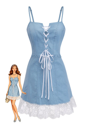 Robe Corset à Bretelles Spaghetti Denim Ourlet Dentelle Bleue Années 1980