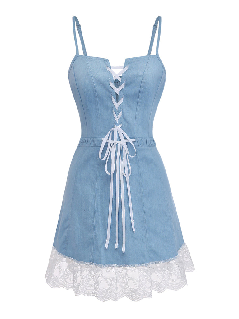 Robe Corset à Bretelles Spaghetti Denim Ourlet Dentelle Bleue Années 1980 2
