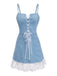 Robe Corset à Bretelles Spaghetti Denim Ourlet Dentelle Bleue Années 1980 2