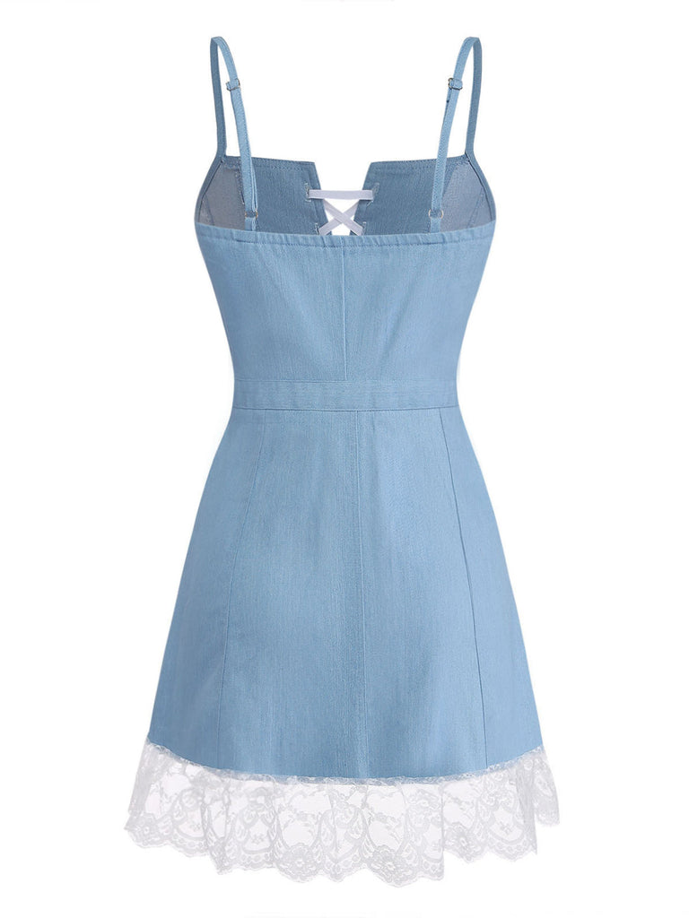 Robe Corset à Bretelles Spaghetti Denim Ourlet Dentelle Bleue Années 1980 3
