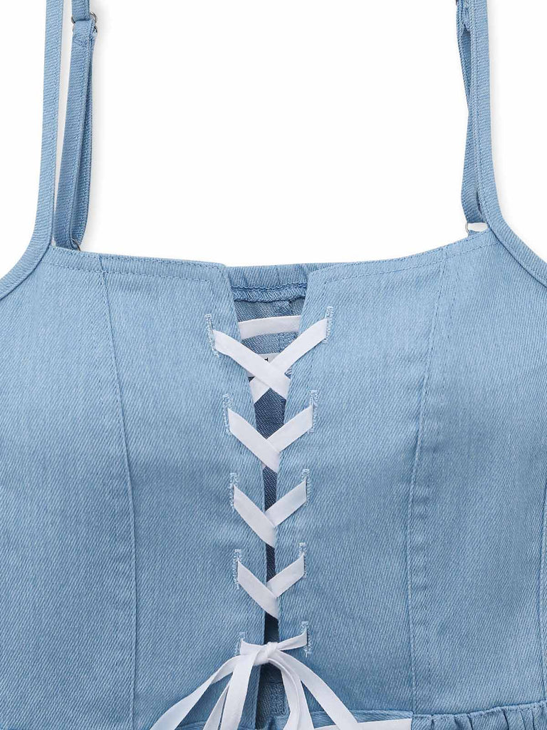 Robe Corset à Bretelles Spaghetti Denim Ourlet Dentelle Bleue Années 1980 4