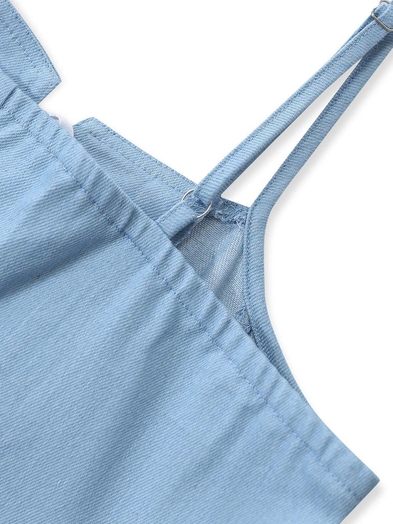 Robe Corset à Bretelles Spaghetti Denim Ourlet Dentelle Bleue Années 1980 5