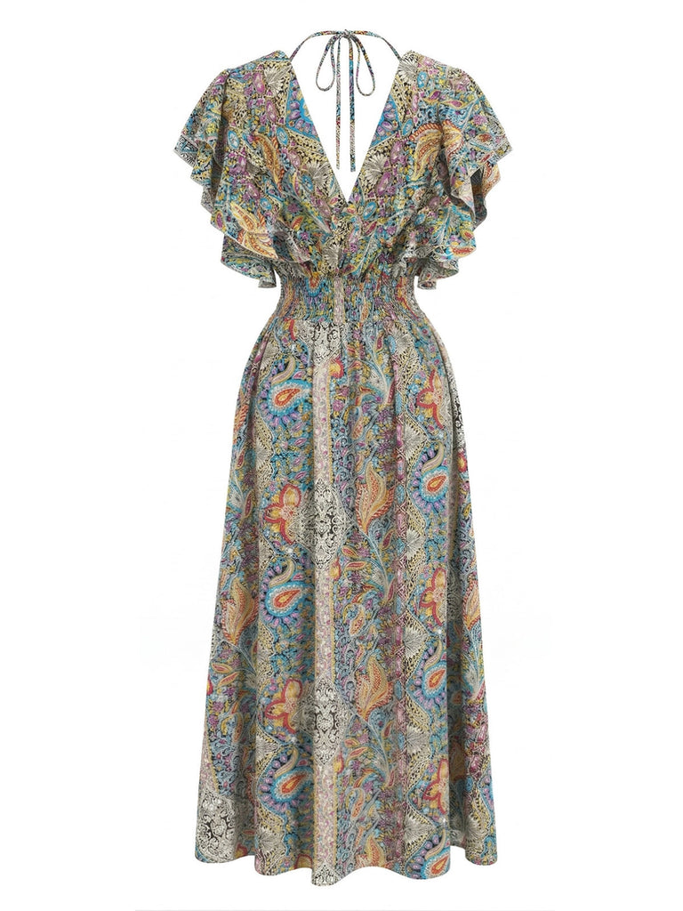 Robe Smockée Manches à Volants Bohème Multicolore années 70 2