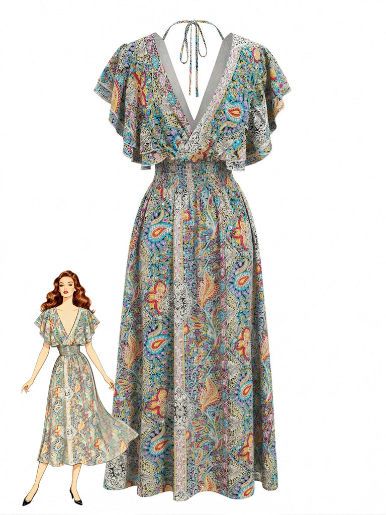 Robe Smockée Manches à Volants Bohème Multicolore années 70