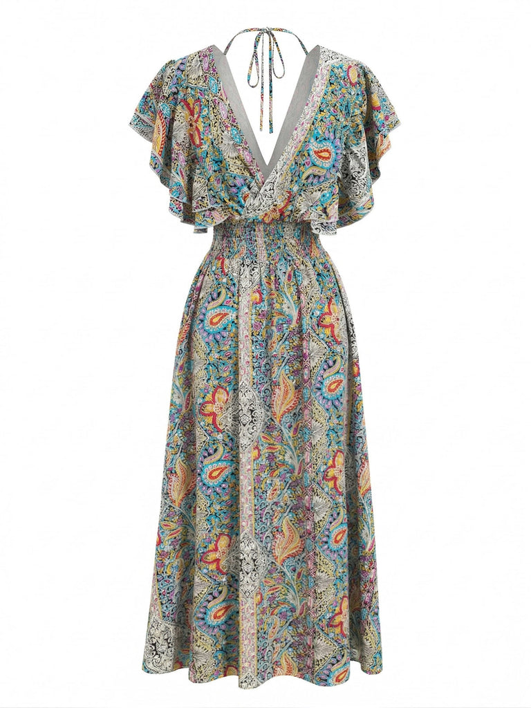 Robe Smockée Manches à Volants Bohème Multicolore années 70 3