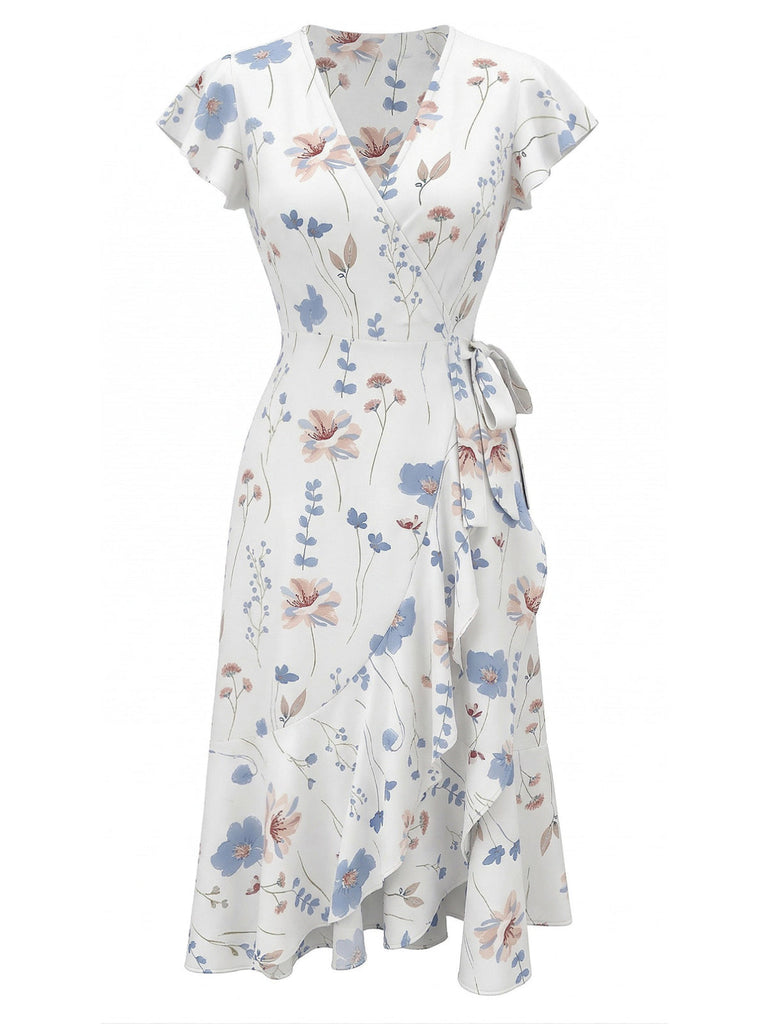 Robe Portefeuille Col V à Manches Volantées Florale Blanche Années 1940 2