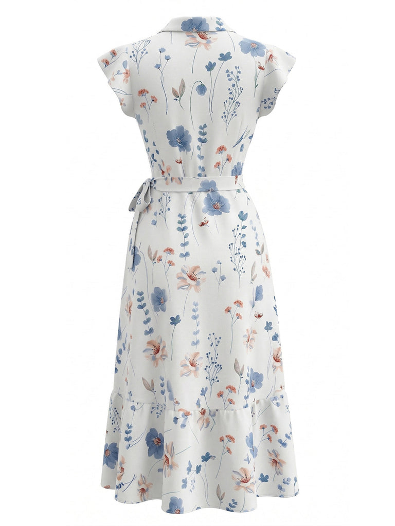 Robe Portefeuille Col V à Manches Volantées Florale Blanche Années 1940 3
