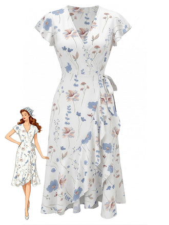 Robe Portefeuille Col V à Manches Volantées Florale Blanche Années 1940