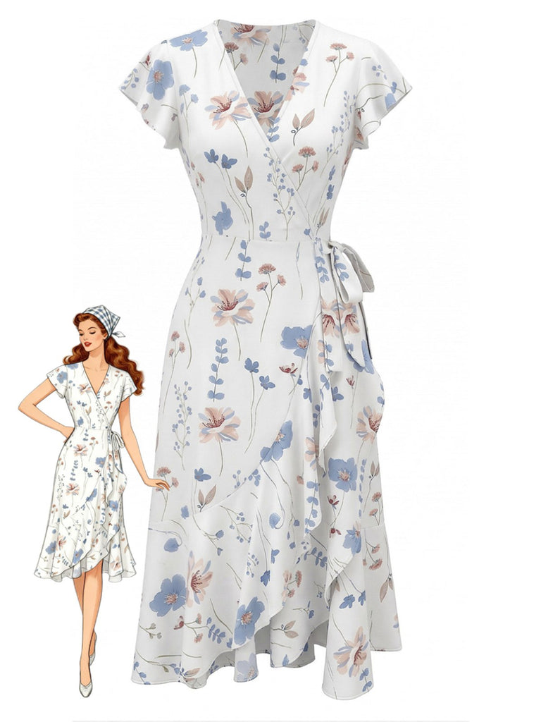 Robe Blanche Col V à Manches Volantées Florale Années 1940