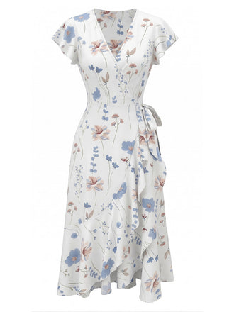 Robe Blanche Col V à Manches Volantées Florale Années 1940