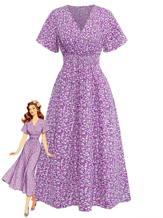 Robe Petites Fleurs Floral Short Sleeves Fitted Midi Violet Années 1940