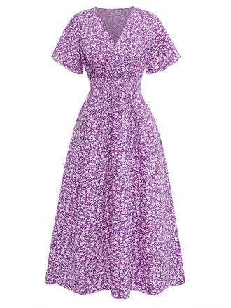 Robe Petites Fleurs Floral Short Sleeves Fitted Midi Violet Années 1940 2