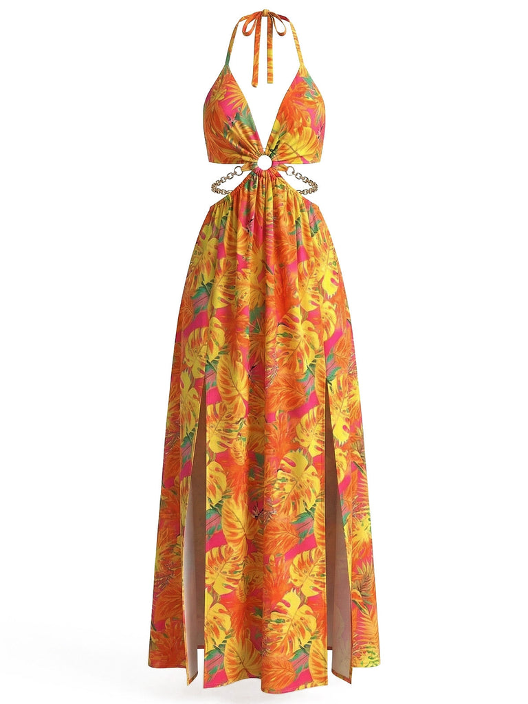 Robe Longue Halter Dos Nu Fendue Florale Années 1930 8