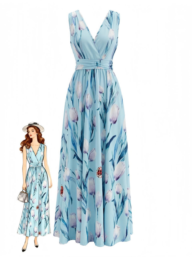 Robe Longue Col en V Floral Bleu années 30