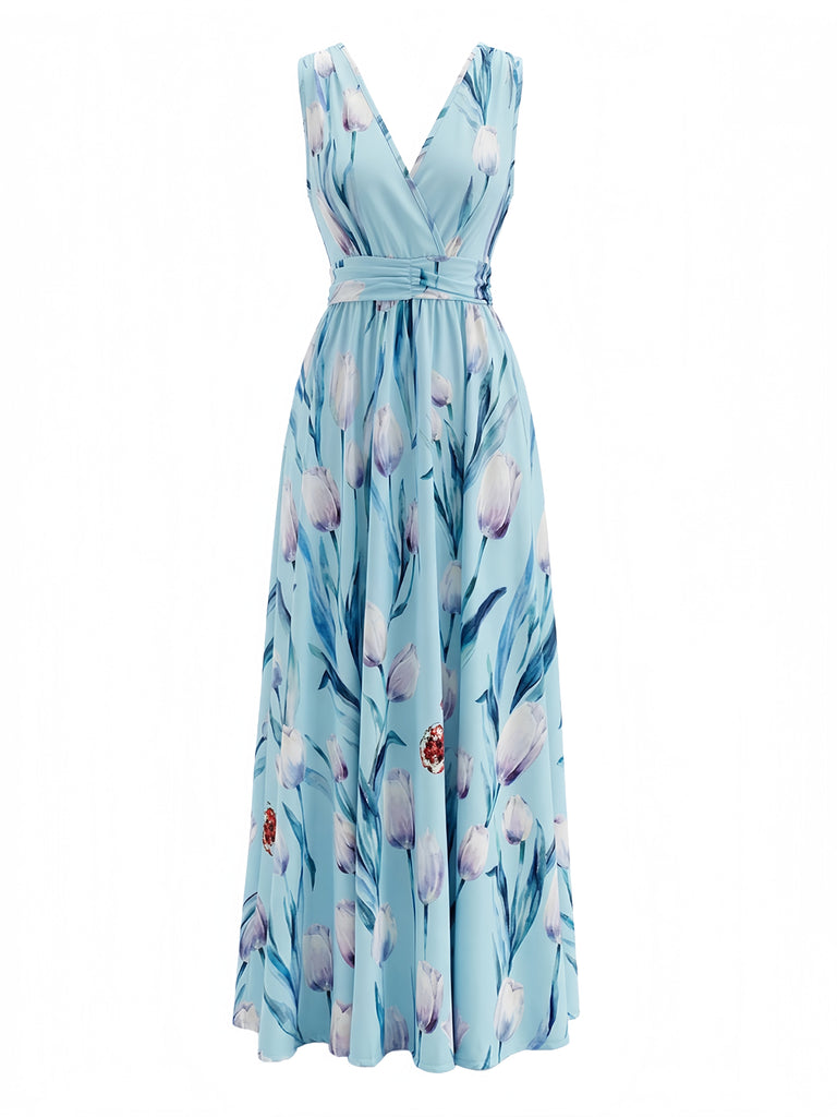 Robe Longue Col en V Floral Bleu années 30 3