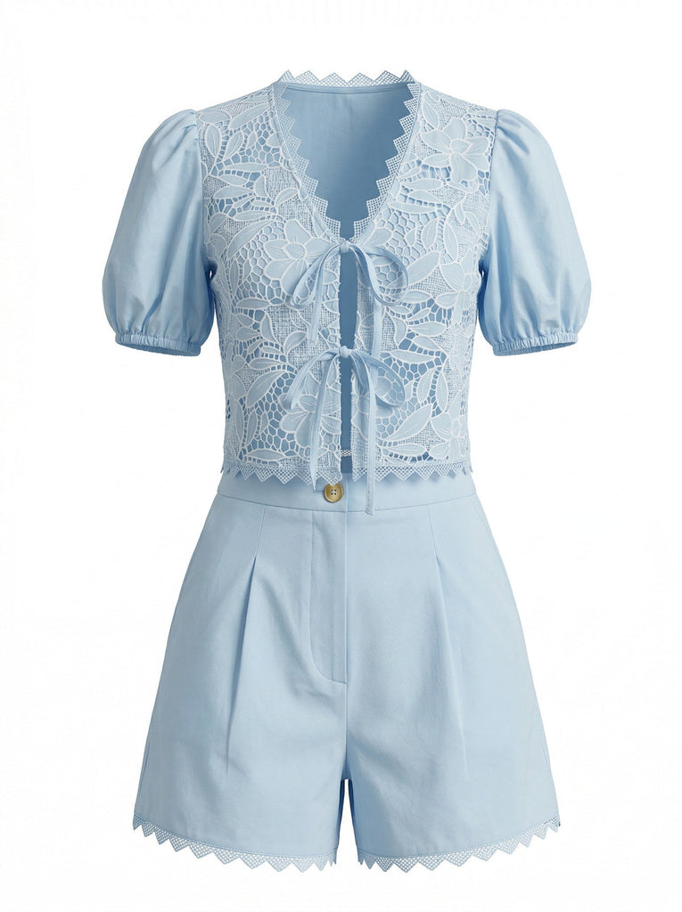 Ensemble 2 Pièces Top à Manches Bouffantes en Coton Dentelle et Short Années 1950 2