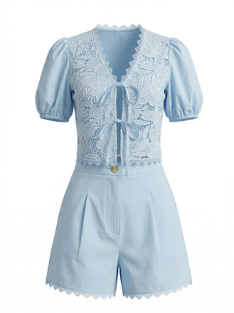 Ensemble 2 Pièces Top à Manches Bouffantes en Coton Dentelle et Short Années 1950 2