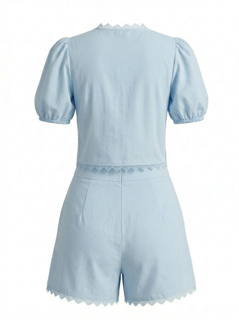Ensemble 2 Pièces Top à Manches Bouffantes en Coton Dentelle et Short Années 1950 3