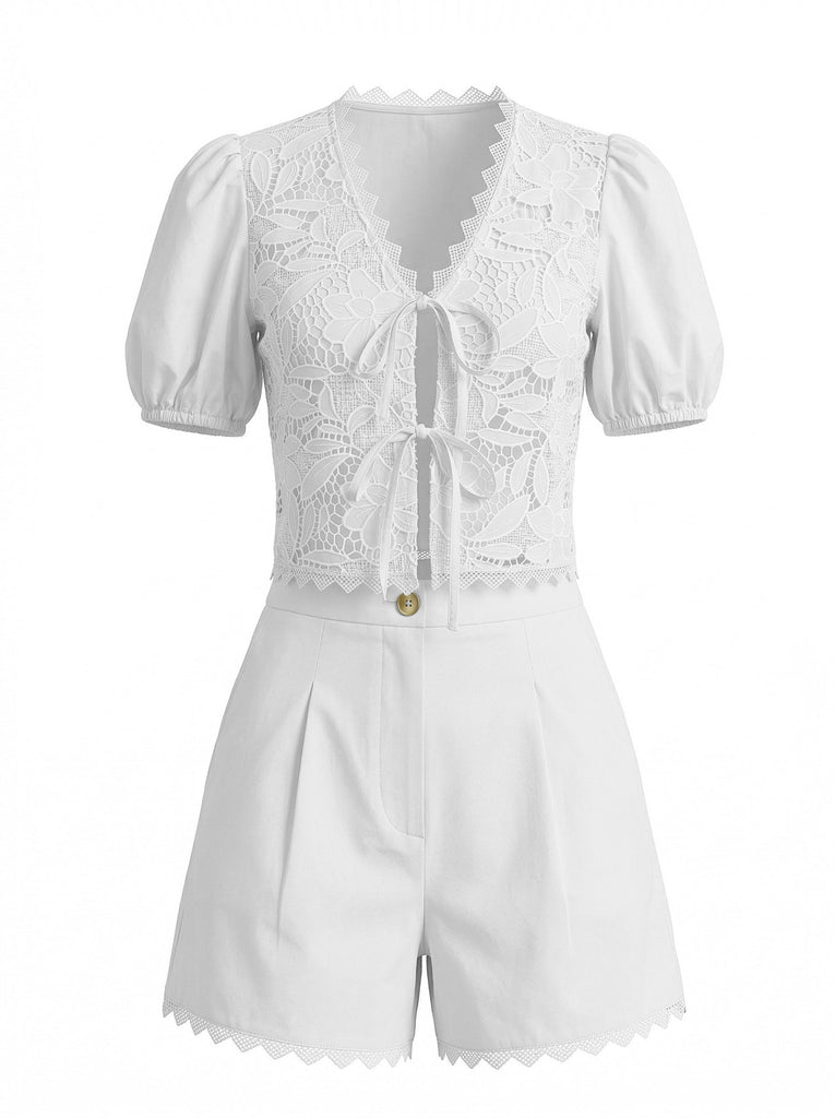 Ensemble 2 Pièces Top à Manches Bouffantes en Coton Dentelle et Short Années 1950 4