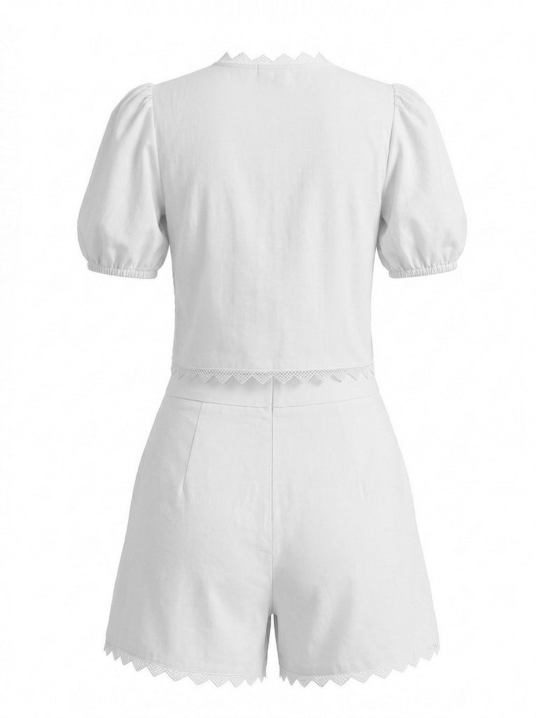 Ensemble 2 Pièces Top à Manches Bouffantes en Coton Dentelle et Short Années 1950 5