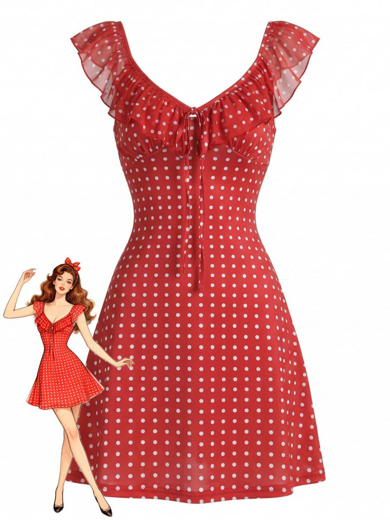 Robe Col Noué à Volants à Pois Rouge années 60