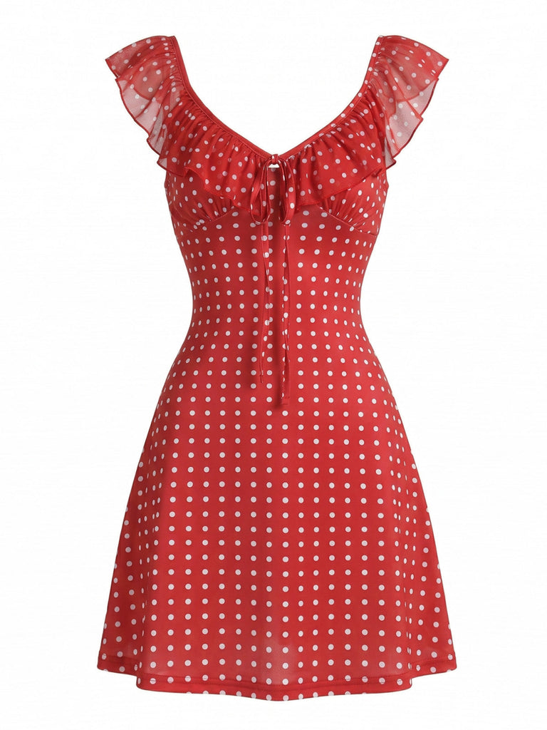 Robe Col Noué à Volants à Pois Rouge années 60 2