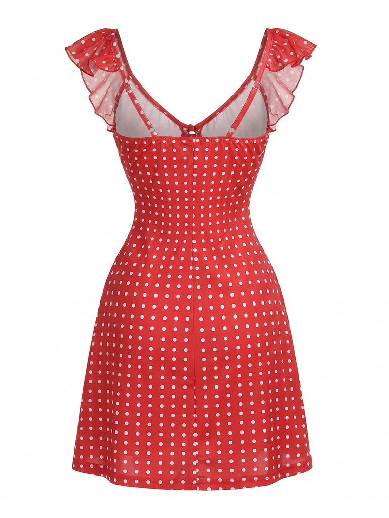 Robe Col Noué à Volants à Pois Rouge années 60 3
