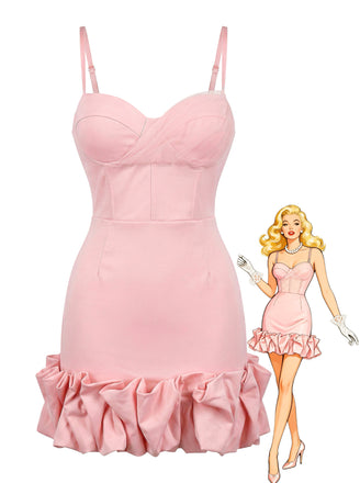 Robe Rose à Bretelles Fines et Ourlet à Volants Années '60