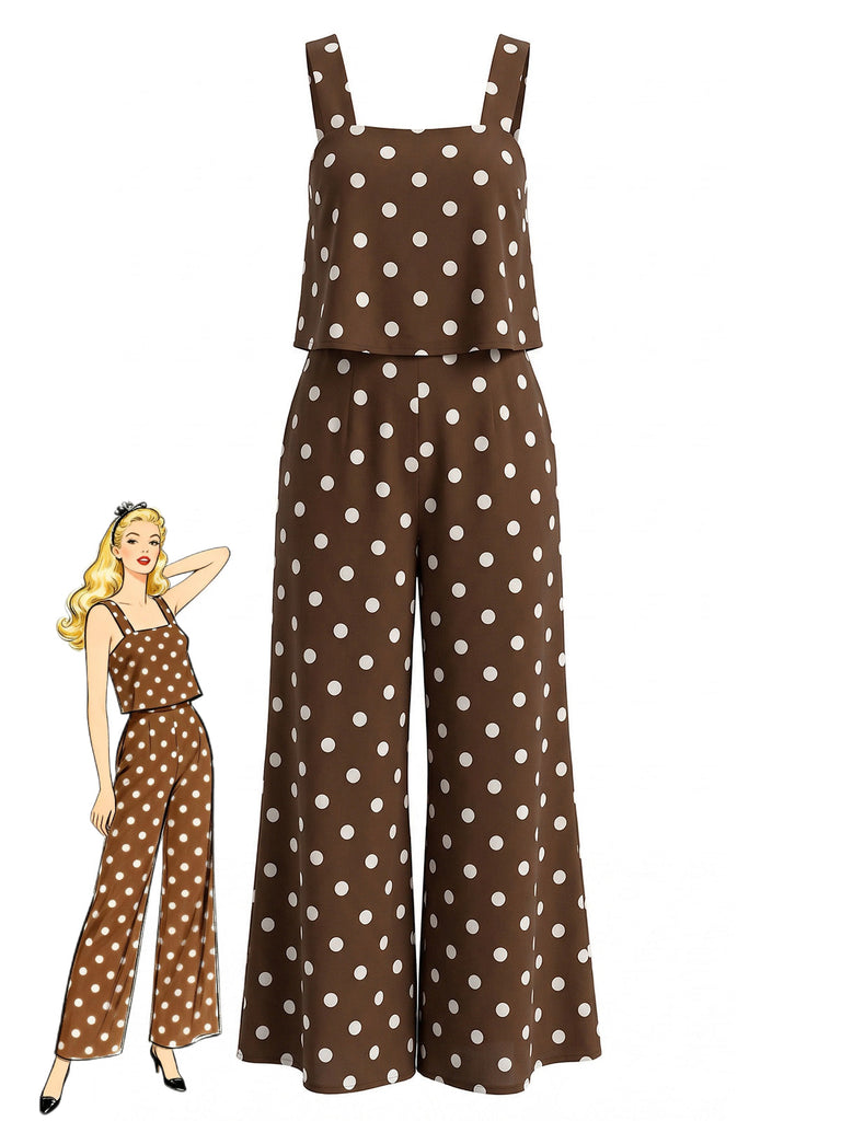 Combinaison à Pois Wide-Strap Jambes Larges Marron Années 1930