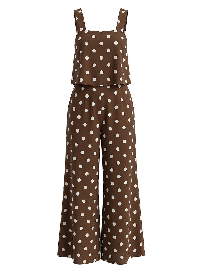Combinaison à Pois Wide-Strap Jambes Larges Marron Années 1930 2