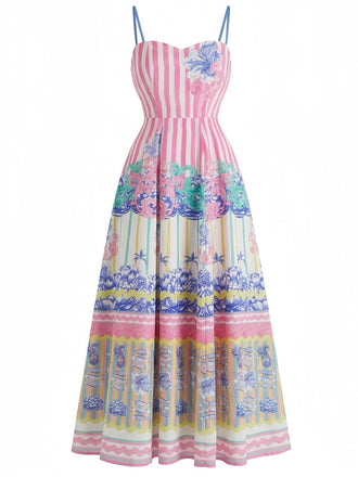 Robe Longue à Bretelles Spaghetti Imprimé Tropical Rose Années 1970 2