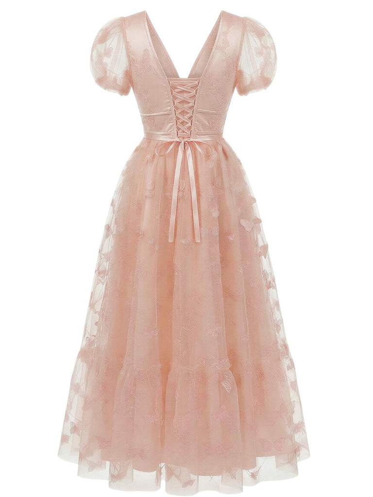 Robe longue en filet brodé floral à papillons années 30